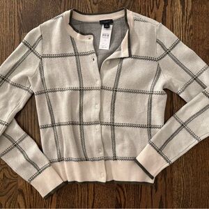 LOFT Cream Cardigan with Green Windowpane Plaid